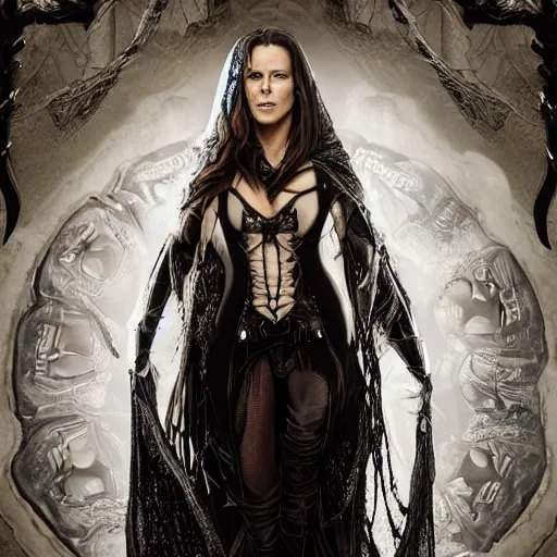 Prompt: Kate Beckinsale's dream is sitting near a round table with beer mugs, a dagger stuck in, a map and skeleton keys on it. She is dressed as a fantasy thief in light black armor, a hooded cloak. She is looking straight ahead, her eyes wide open, her mouth slightly parted. She looks mysterious and mystical. The tavern is hard to see because of the smoke and the smoke of a large fireplace and torches. Fantasy art, high detail, 4k