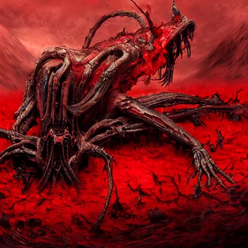 Prompt: landscape artwork of two demons entwined emerging from corpses in a red hellscape covered in blood by Yoshitaka Amano, by HR Giger, full body wide shot, biomechanical, 4k, hyper detailed, hyperrealism, anime, red sky, blood and body parts, deviantart, artstation