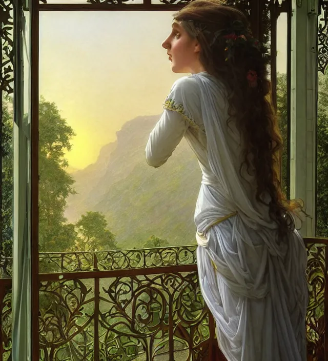 Image similar to intricate oil painting of a young elf woman wearing white and light green, looking out at the sunrise over rivendell from her art nouveau balcony, elegant, digital painting, smooth, sharp focus, illustration, ultra realistic, 8 k, by bouguereau, alphonse mucha, artgerm, and donato giancola