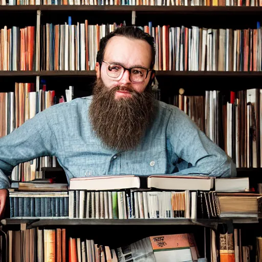 Image similar to medium shot portrait of a learned scholar, a long slightly unkept beard, a bookshelf in the background with neatly stacked books, set in the 1 9 5 0 s, bokeh, light from top right