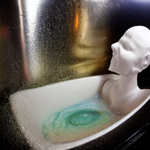 Image similar to styrofoam head being doused in a sink full of metallic chrome water, flash enabled, wide angle, chromatic abberation, cursed image, 2003 Flickr