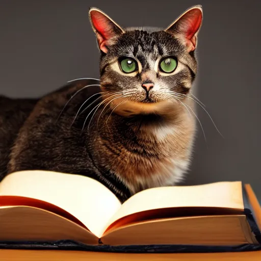 Image similar to a cat reading a book, award winning photo, symmetrical, sharp edges, box of light, blurred background