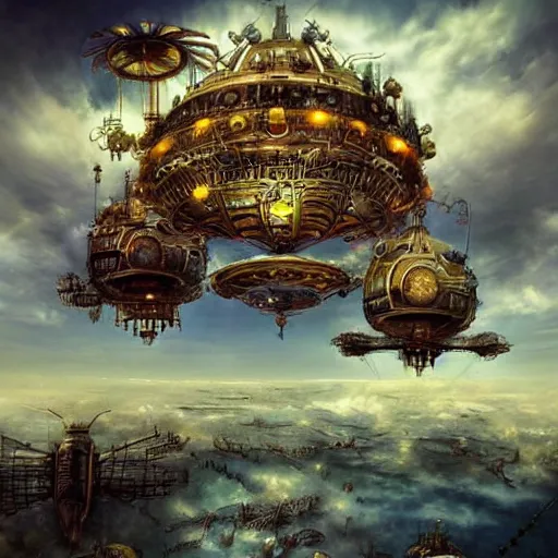 Prompt: flying city in a mechanical flower, clouds, sky, fantasy art, steampunk, masterpiece