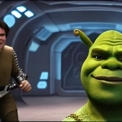 Prompt: A still of Shrek as Han Solo in Star Trek The Empire Strikes Back. Extremely detailed. Beautiful. 4K. Award winning.