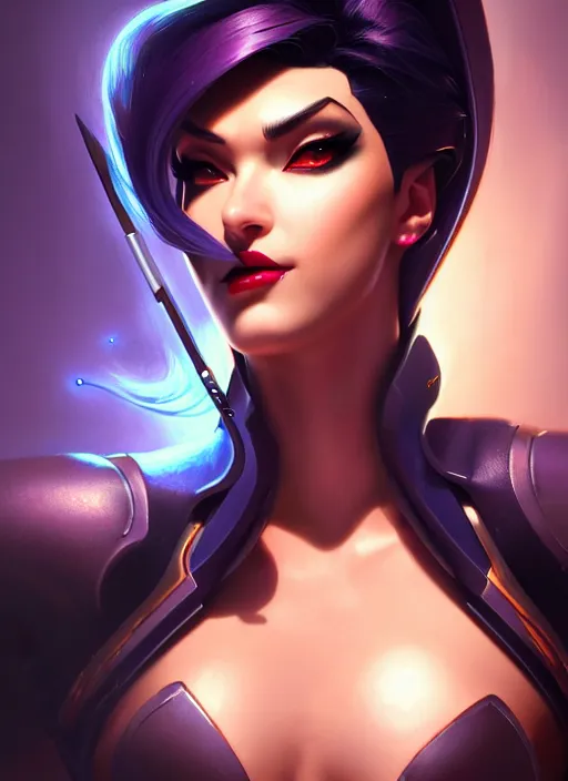 Image similar to lovely widowmaker from overwatch, fantasy, fantasy art, character portrait, portrait, close up, highly detailed, scifi art, intricate detail, amazing detail, sharp focus, vintage fantasy art, vintage sci - fi art, radiant light, trending on artstation, caustics, by boris vallejo