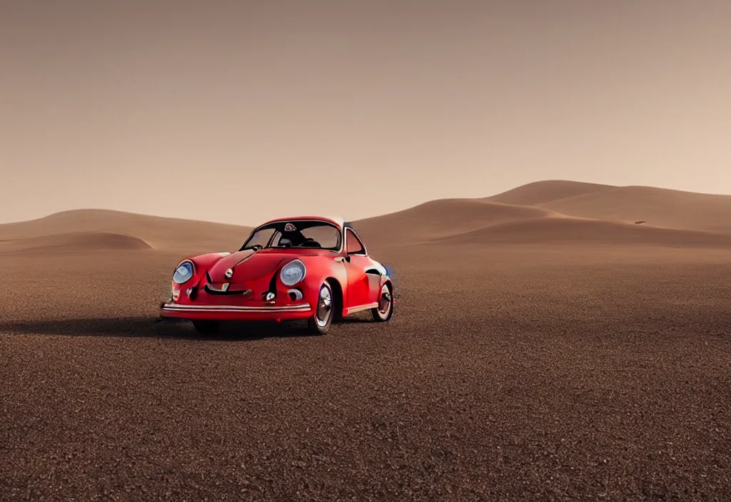 Image similar to “a singular red porsche 356 is parked in the middle of the desert, a matte painting by Scarlett Hooft Graafland, featured on unsplash, australian tonalism, anamorphic lens flare, cinematic lighting, rendered in unreal engine”