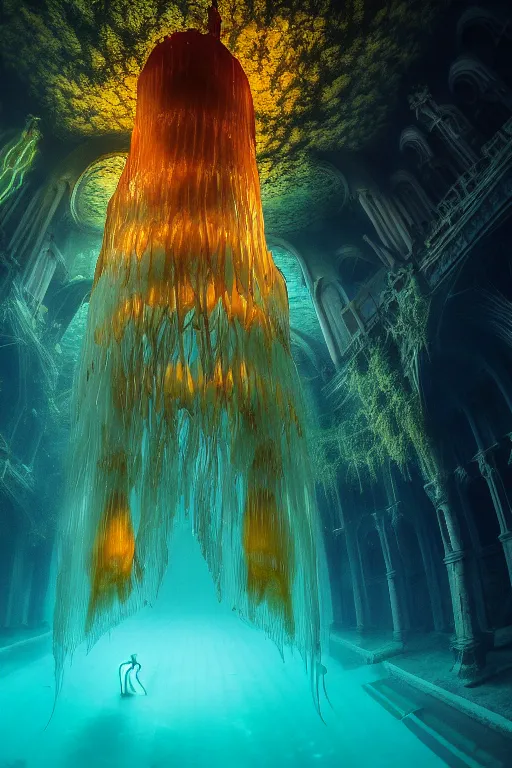 Image similar to high quality photo of cinematic underwater dystopian neo - gothic cathedral ruins with giant luminescent colorful aquatic plants and jellyfish, digital art masterpiece, aykut aydogdu eric zener, dramatic volumetric light, extreme long shot, ground angle uhd 8 k, sharp focus