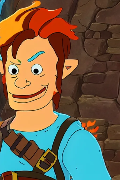 Prompt: an in game portrait of fry from futurama in the legend of zelda breath of the wild, breath of the wild art style.