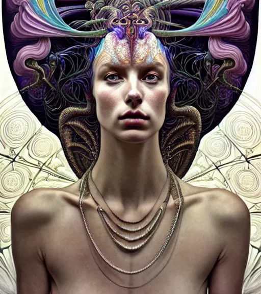 Image similar to detailed realistic beautiful young groovypunk queen of andromeda galaxy in full regal attire. face portrait. art nouveau, symbolist, visionary, baroque, giant fractal details. horizontal symmetry by zdzisław beksinski, iris van herpen, raymond swanland and alphonse mucha. highly detailed, hyper - real, beautiful