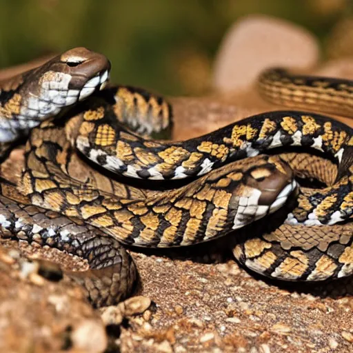 Prompt: snakes huddling under desert rocks with little smartphones. they have those heavy rubber Rugged (TM) casings that keep sand out and whatnot. the desert snakes are facetiming with the jungle snakes and exchanging media recommendations
