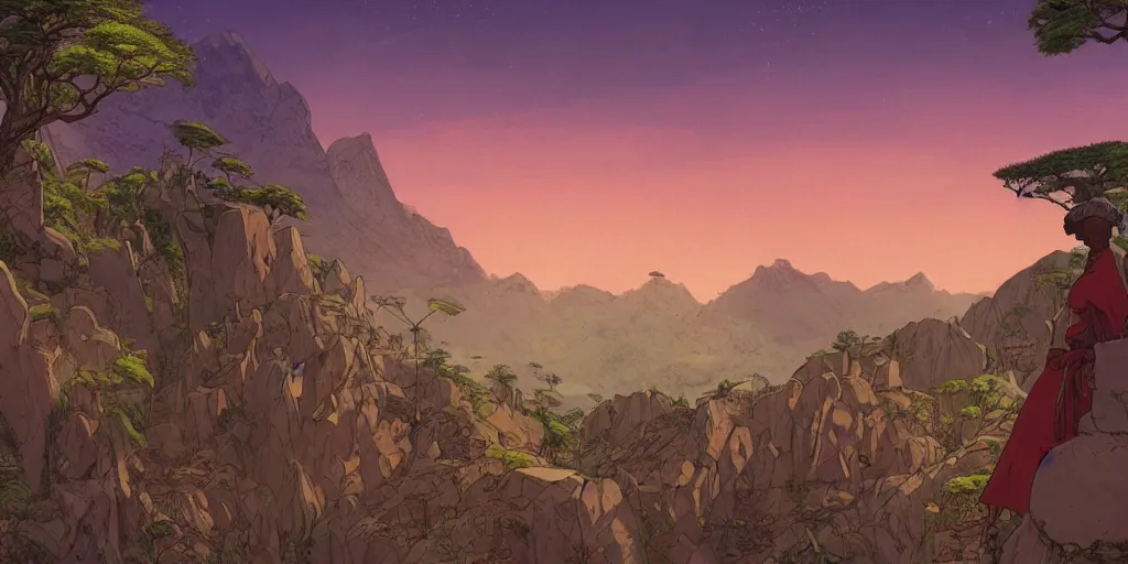 Prompt: an african magic school on the mountains, comics art, cinematic volume lighting, 4k, illustration, epic scene, trending on artstation, art by ghibli moebius