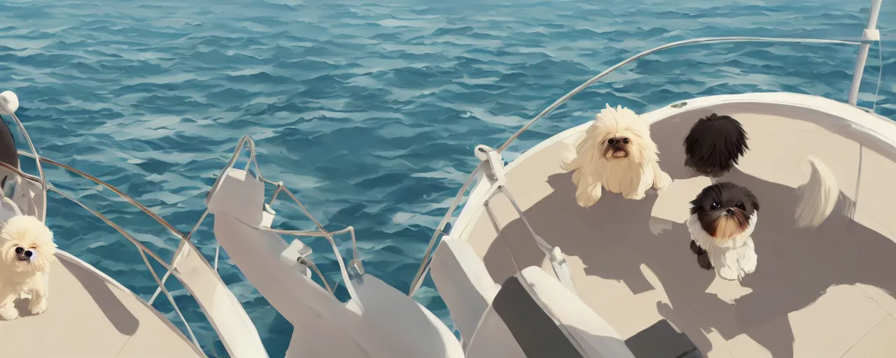 Image similar to a cream - colored havanese dog and shih tzu, sailing on a luxury yacht, detailed, atey ghailan, goro fujita, studio ghibli, rim light, exquisite lighting, clear focus, very coherent,