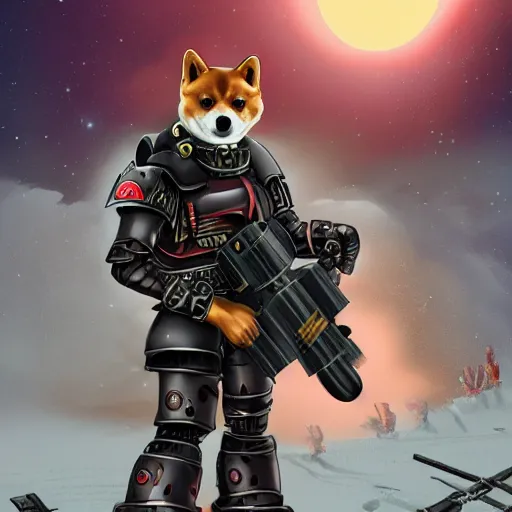 Prompt: anthropomorphic shiba inu on hill, wearing warhammer 4 0 k black exoskeleton power armor without helmet, holding sci - fi laser gatling gun, post apocalyptic foggy graveyard background