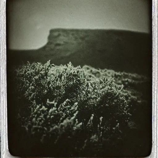 Prompt: daguerreotype polaroid photo of an sea monster in the heather on the north yorkshire moors