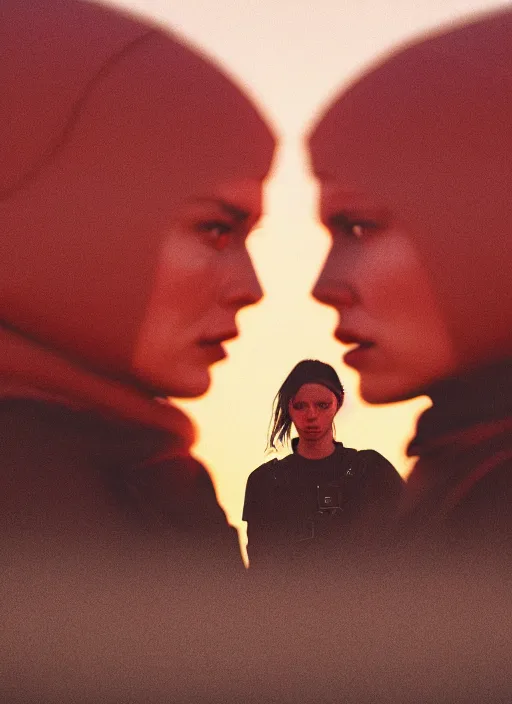 Prompt: cinestill 5 0 d photographic portrait of two loving female androids wearing rugged black techwear on a desolate plain with a red sky, extreme closeup, lizard on ground, cyberpunk style, in front of a brutalist dark metal facility, dust storm, 3 5 mm, hd, high resolution, 8 k, f / 3 2, ultra realistic faces