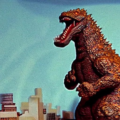 Image similar to claymation Godzilla destroying city