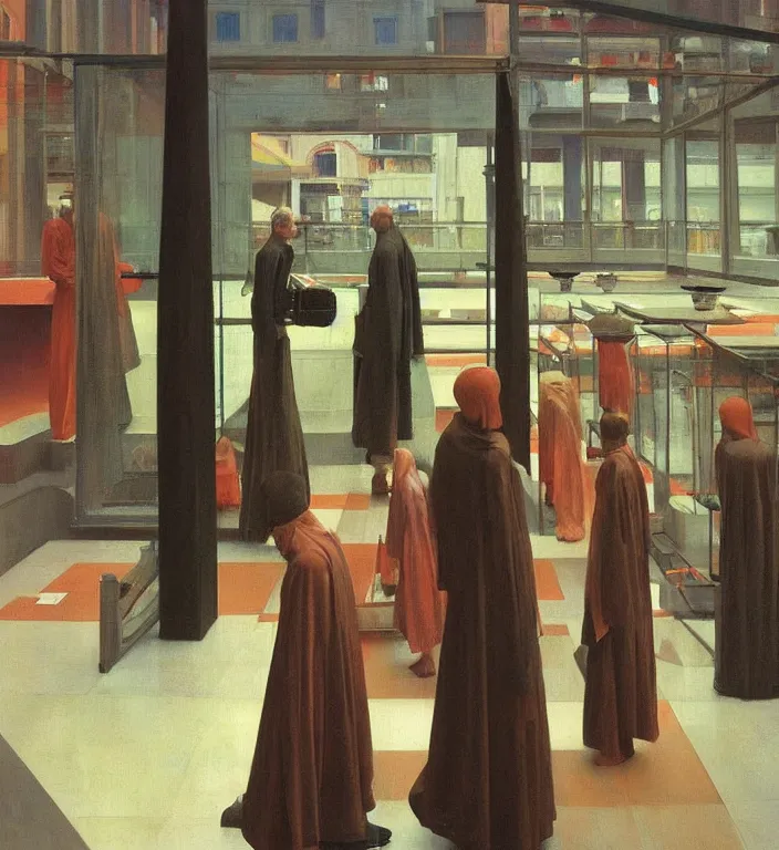 Image similar to motion controlled camera in transparent robes, in magnificent shopping mall, oil painting by edward hopper, zdislav beksinski, wayne barlowe