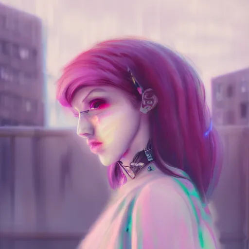 Prompt: portrait of a young woman, septum piercing, winged eyeliner, pastel clothing, urban environment, depth of field, character design, concept art