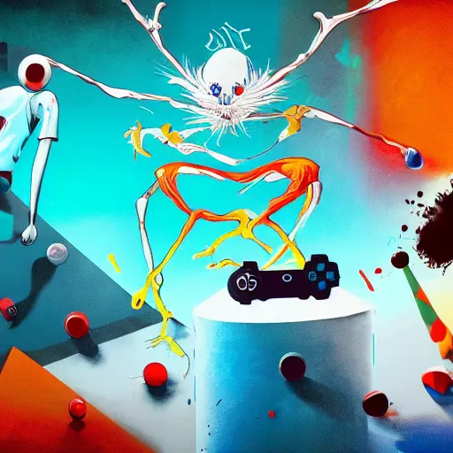 Prompt: Playing sports video games by Alex Pardee and Nekro and Petros Afshar, unstirred paint, vivid color, cgsociety 4K