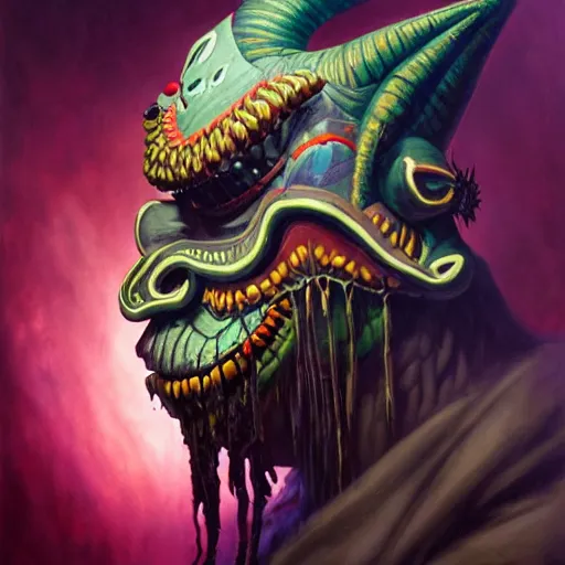 Image similar to side profile of barong family member, wiwek, mara demon, one single tribe member, jungle, one single mask, dark, voodoo, witch doctor, tribal, inner glow, paint by peter mohrbacher
