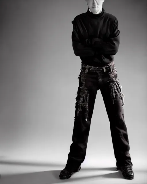 Image similar to an award - winning photo of an ancient male model wearing a plain boot cut flared distressed medieval designer menswear trousers designed by alexander mcqueen, 4 k, studio lighting, wide angle lens, 2 0 0 4