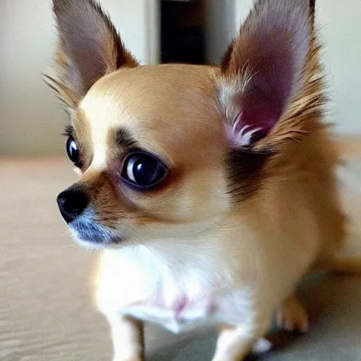 Image similar to a half chihuahua half cat hybrid with long fluffy cat tail and cat eyes, chihuahua body