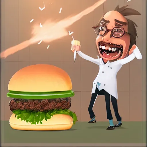 Prompt: a mad scientist in his back yard laughing happily at the hamburgers which are falling from the sky , concept art, trending on artstation 3D.