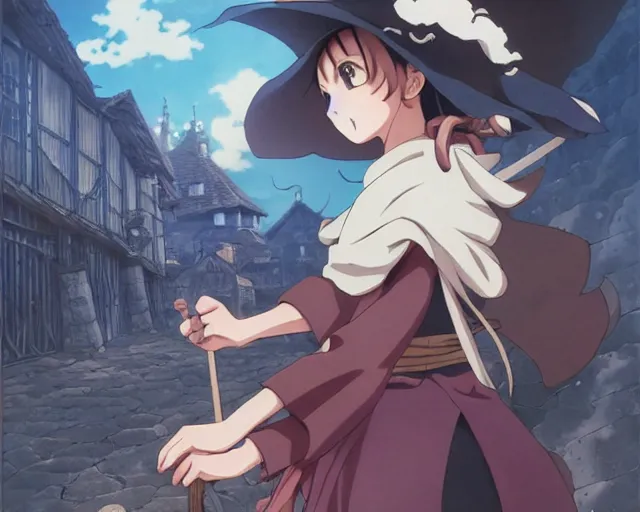 Image similar to ( ( majo no tabitabi ) ), key anime visual portrait of a young female witch walking through a busy medieval village, dynamic pose, dynamic perspective, cinematic, dramatic lighting, detailed silhouette, anime proportions, perfect anime, yoh yoshinari, ( murata range )