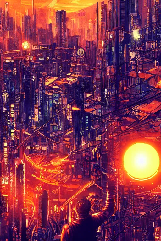 Image similar to movie poster for randypunk, intricate, orange sphere overlooking city, street gang, dramatic lighting, cyberpunk city, epic composition, bladerunner, tatsuki fujimoto