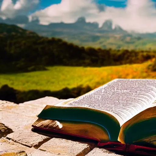 Prompt: the Bible in the middle of a beautiful paradise, colorful, stunning, vibrant, hd