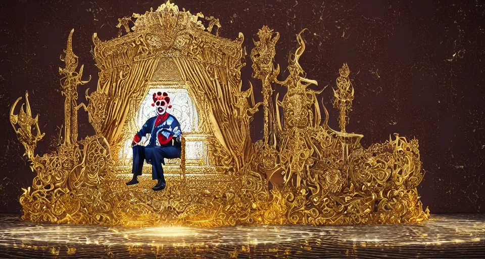 Image similar to shining majestic throne made of millions of diamonds, gold and zaphires with thousands of light reflections, and a clown on a suit is sitting on the throne while handing a globe, cartoon style, dramatic light