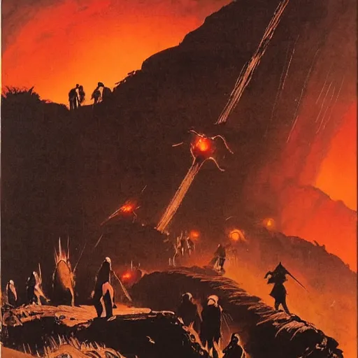 Prompt: mob of torch welding villagers walking up a hill at night. Artwork by Frank Frazetta