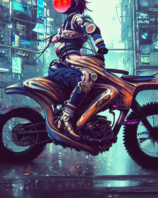 Image similar to kyoto animation girl wearing cyberpunk intricate streetwear riding dirt bike, respirator, detailed portrait, cell shaded, 4 k, concept art, by wlop, ilya kuvshinov, artgerm, krenz cushart, greg rutkowski, pixiv. cinematic dramatic atmosphere, sharp focus, volumetric lighting, cinematic lighting, studio quality