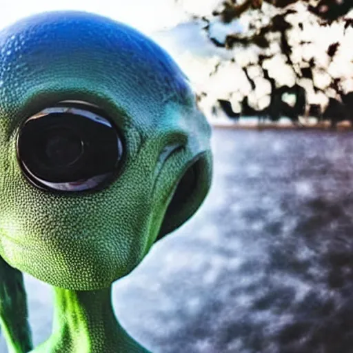 Prompt: an alien taking a selfie on earth