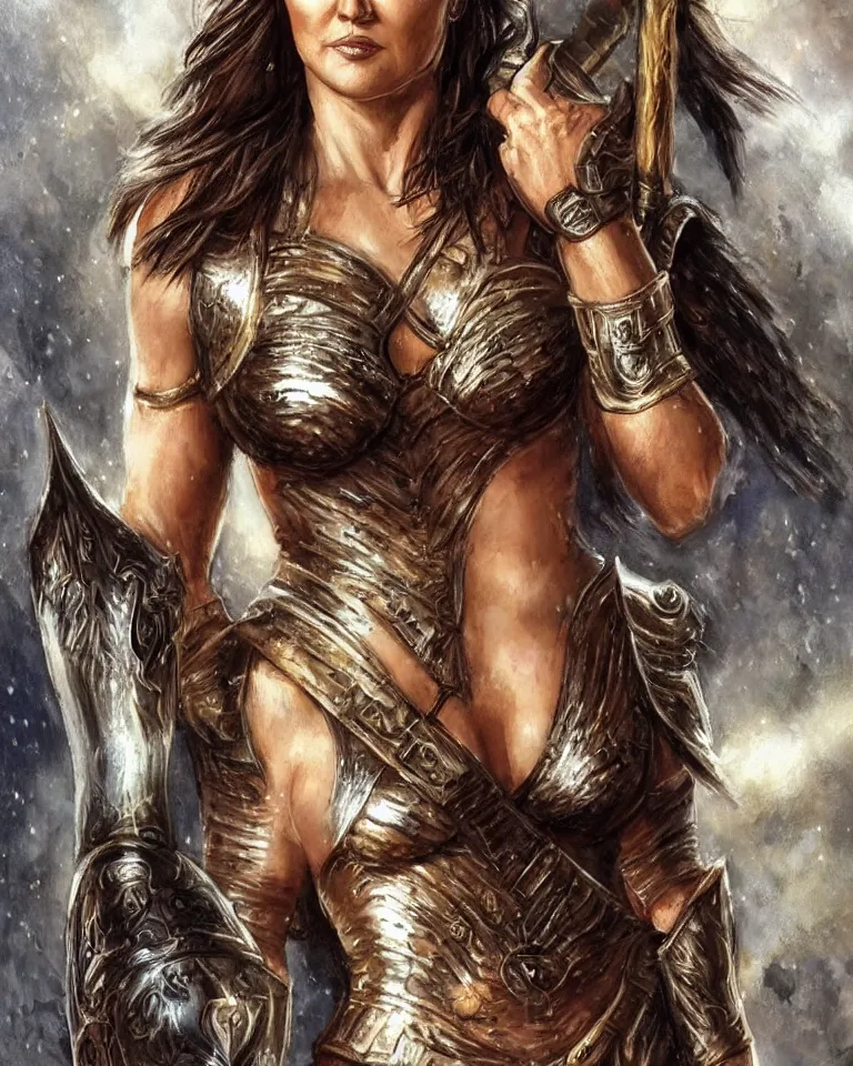 Prompt: lucy lawless, xena warrior princess as an amazon warrior, a tall beautiful woman with brown skin and long hair, dressed in hellenistic body armor, intricate, elegant, highly detailed, smooth, sharp focus, detailed face, art by ardian syaf