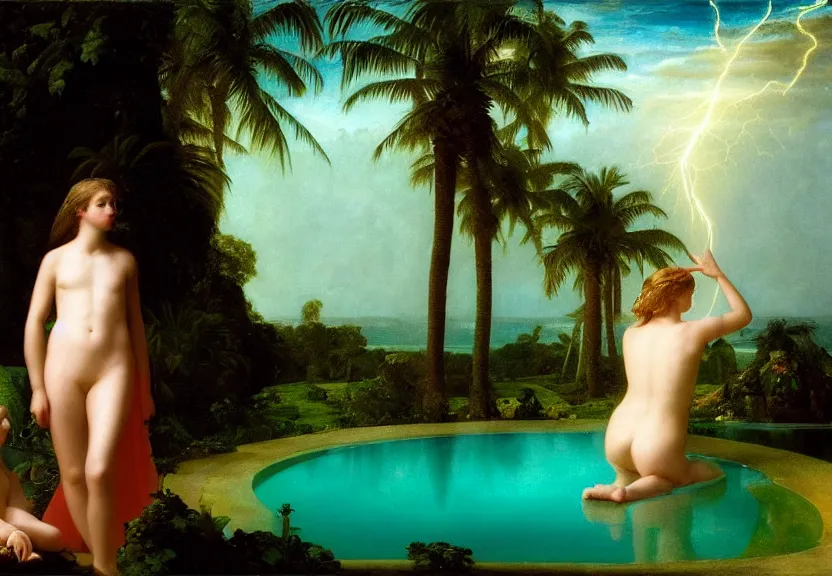 Image similar to Girl at the palace, refracted sparkles, thunderstorm, greek pool, beach and Tropical vegetation on the background major arcana sky, by paul delaroche, hyperrealistic 4k uhd, award-winning, very very very detailed