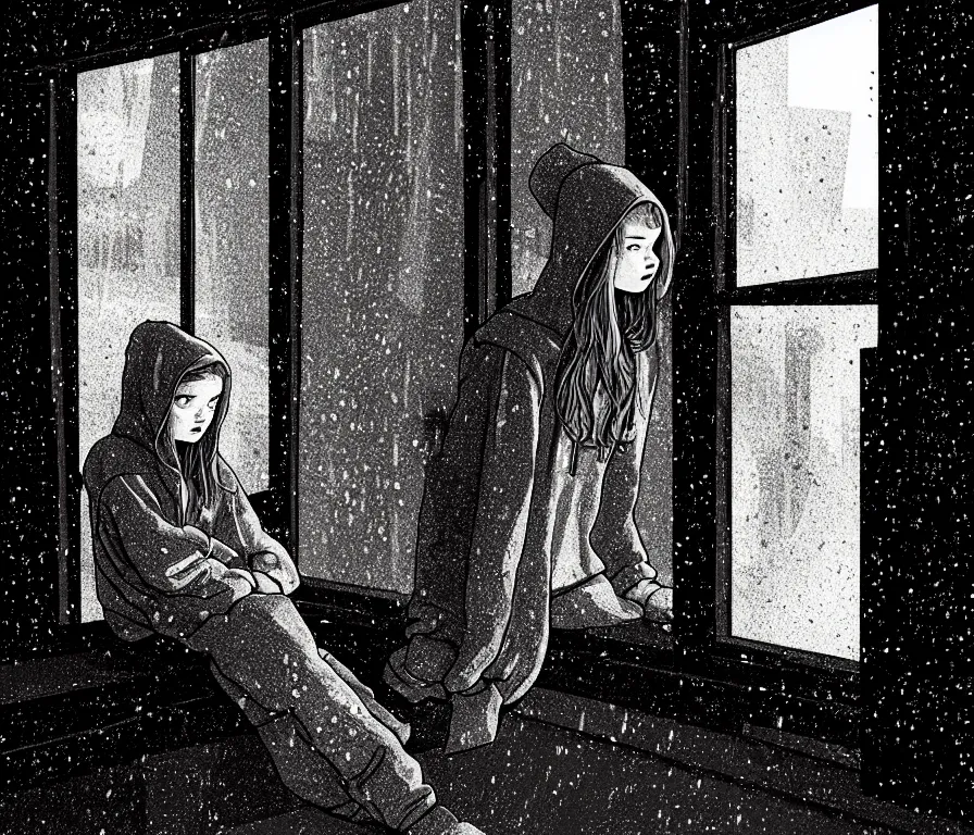 Prompt: sadie sink in hoodie sits on windowsill, knees tucked in | rain falls at night : storyboard, scifi cyberpunk. by joe alves, chris bonura, gabriel hardman. cinematic atmosphere, detailed and intricate, perfect anatomy