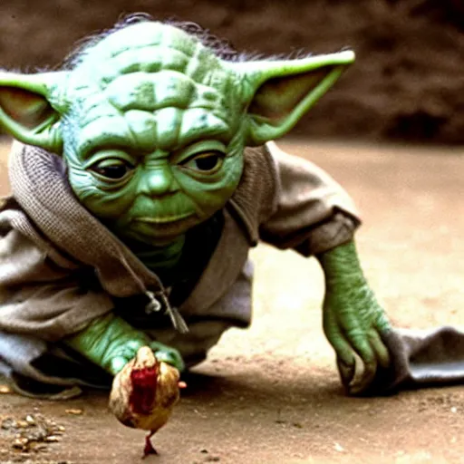 Prompt: yoda eating a pigeon