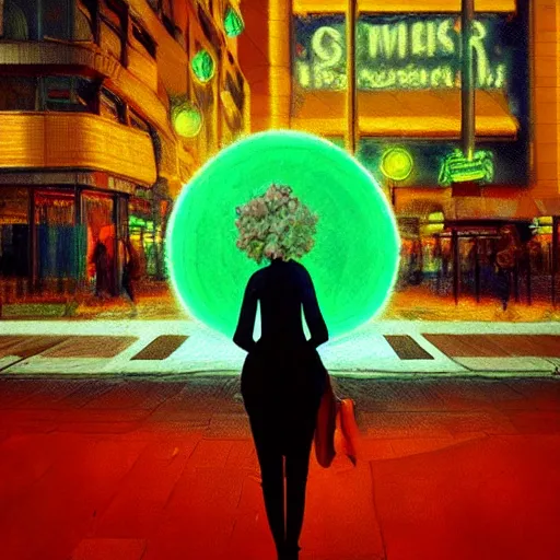 Image similar to giant daisy flower head, woman walking in a modern city, surreal photography, night, neon light, impressionist painting, digital painting, artstation, simon stalenhag