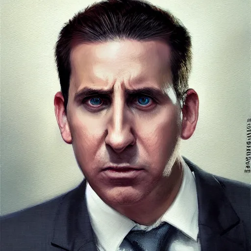 Image similar to hyper realistic, portrait of michael scott, ethnicity : japanese, epicanthal fold, painted by greg rutkowski, wlop, loish,