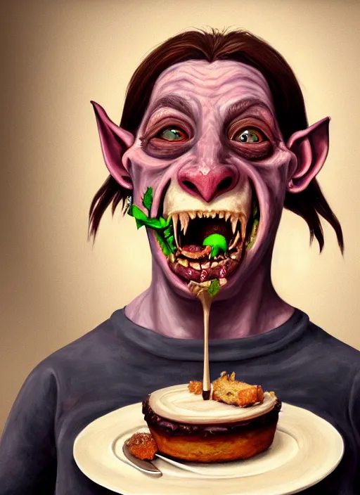 Image similar to portrait of a medieval goblin eating cakes in the cloisters beautiful face hyper realistic highly detailed digital painting artstation illustration co