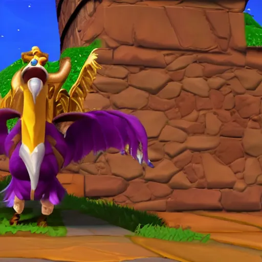 Prompt: screenshot of a griffin bard as an npc in spyro the dragon video game, with playstation 1 graphics, activision blizzard, upscaled to high resolution