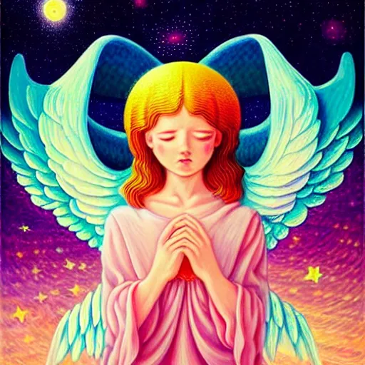 Image similar to abstract biblically accurate angel, giant wings, pink, flower blossoms, stars, night sky, hyper detailed, kawaii, by jacek yerka, lewandowski, hopper and gilleard, ryden, wolfgang lettl, hints of yayoi kasuma