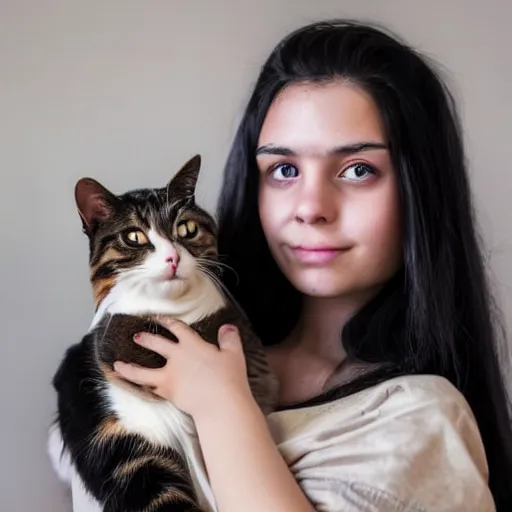 Prompt: a girl with long dark hair, big shiny dark eyes holding a cat in her arms, a stock photo by juan villafuerte and minerva j. chapman, pexels contest winner, high quality photo, rtx, hd, tumblr contest winner, anime, pretty, shiny eyes, sensual