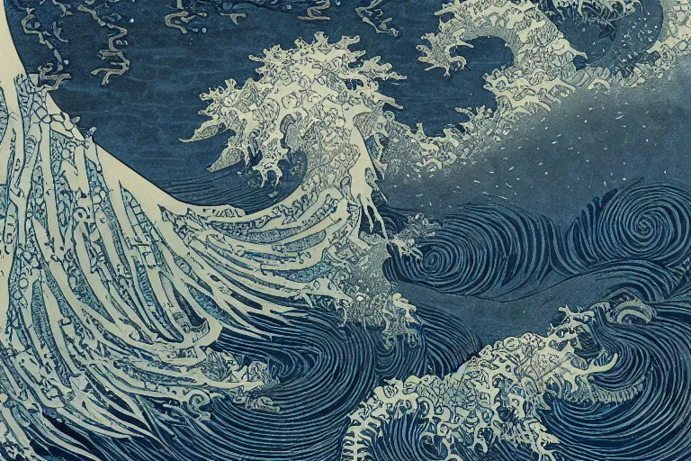 Prompt: Lord of Sea Serpents by Hokusai and James Gurney + Black paper with intricate and vibrant blue line work + Tarot Card + Mandelbulb fractal + Full of silver layers + Trending on Artstation + Incredible + Black and blue gothic illustration + Exquisite detail