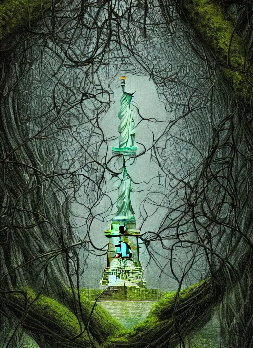 Image similar to hyper detailed painting of the statue of liberty; cracked, decaying, covered in moss and vines; thunderstorm; moody cinematic lighting, painted by Greg Rukowtski, trending on Artstation