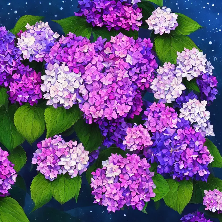 Image similar to a beautiful painting of hydrangea, clematis theme logo, clematis theme banner, clematis design, clematis in the deep sea, clematis like stars in the sky, hydrangea, trending on artstation, warm light, lovely and cute, fantasy art, 8 k resolution, highly detailed