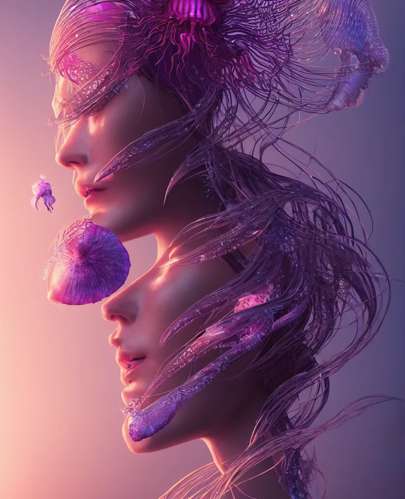 Image similar to goddess close-up portrait. orchid jellyfish phoenix head, nautilus, skull, betta fish, bioluminiscent creatures, intricate artwork by Tooth Wu and wlop and beeple. octane render, trending on artstation, greg rutkowski very coherent symmetrical artwork. cinematic, hyper realism, high detail, octane render, 8k