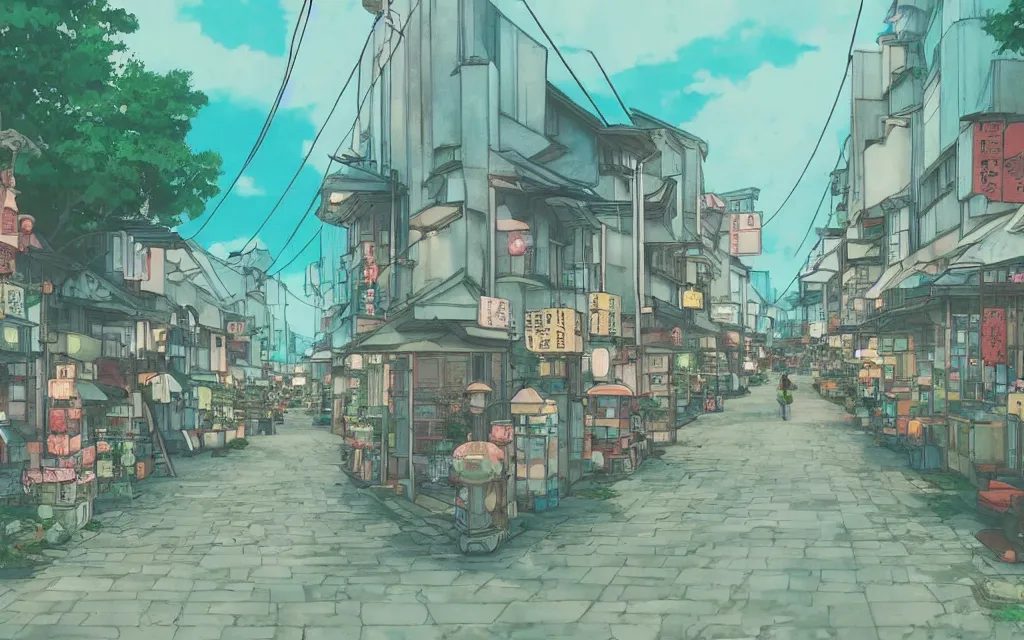 Image similar to a japanese city near the sea, lofi, dreamy, moody, very colorful, anime inspiration, ghibli vibe