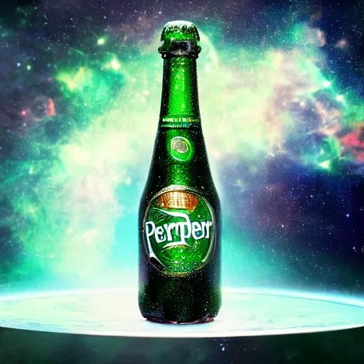 Image similar to a photo of a bottle of Perrier in space with nebula, photorealistic, transparence, reflections, refraction, caustics, raytracing, 8K, trending on artstationHQ